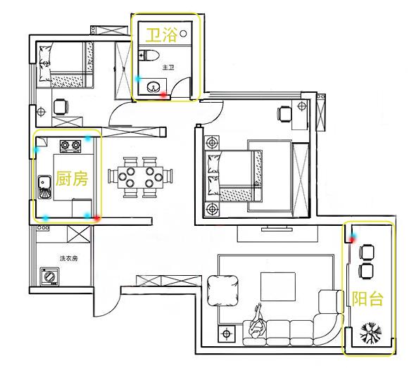 衛浴 (1)開關:單開單控開關 1 個,吊頂浴霸配套開關 1 套: (2)插 座:錯位五孔插座 2 個 廚房 (1)開關:單開單控開關1 個 (2)插座:廚房專用帶開關八孔插座 1 個,煙機位置帶開關五孔插座 1 個 燃氣報警器位置帶開關五孔插座1 個,水槽底下凈水器或廚寶位置帶開關五孔插座 1個 消毒柜位置帶開關五孔插座 1 個 燃氣熱水器位置帶開關五孔插座 1 個 【廚房可以多計劃,不然后期突然想加入面包機,洗碗機,烤箱,微波爐,電磁爐.