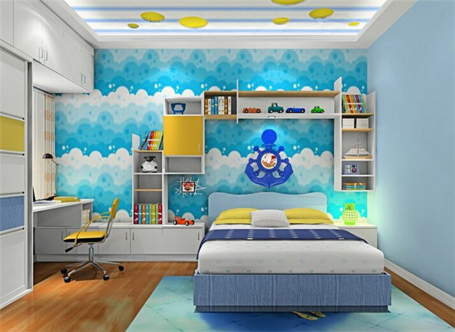 这间儿童房间的装修设计在整个色调上显得有些淡雅素净的