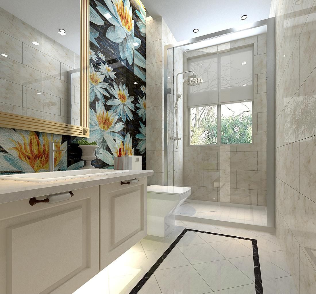 中式卫生间浴室回型纹装饰瓷砖装修效果图大全 – 设计本装修效果图