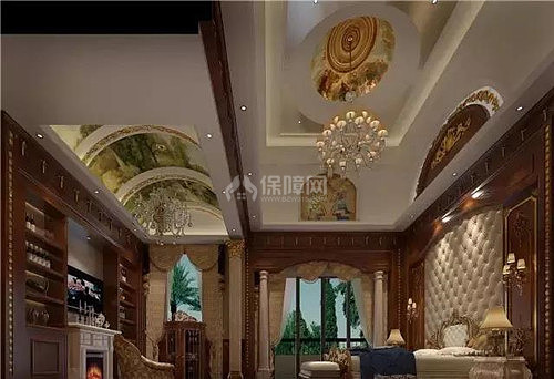 运用典型的欧式元素实木线,装饰柱,壁炉和雕刻等,地面铺贴精美的古