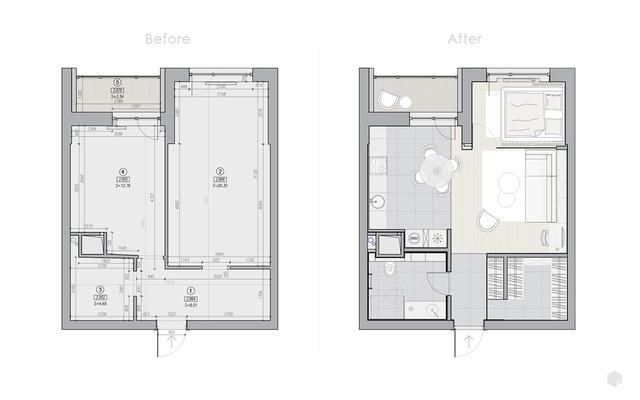50平以下的小空间公寓布局，玻璃墙卧室极具特色