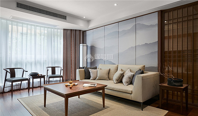 烟灰色新中式客厅沙发茶几效果图