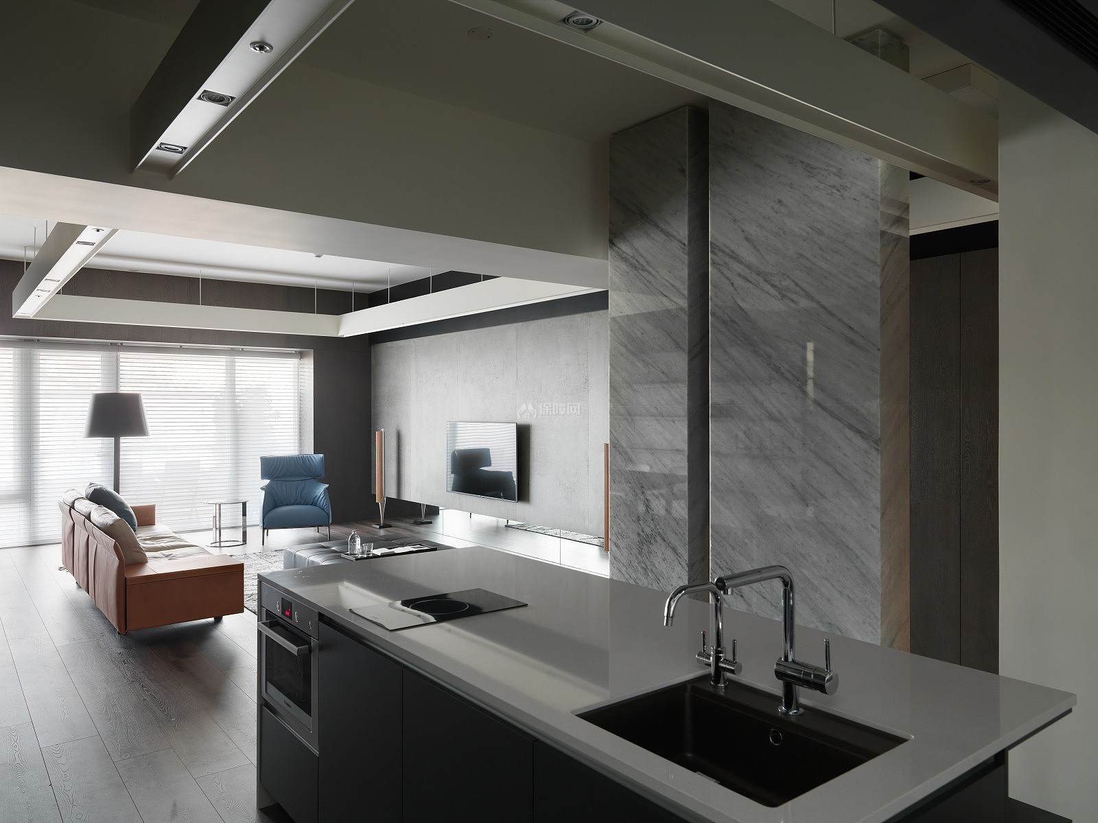 142平简约风格公寓客厅与厨房一体装修效果图