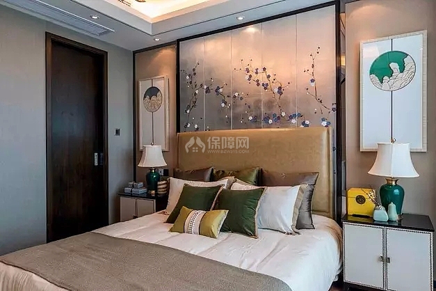 126平新中式三居之主卧床头墙面装饰效果赏析