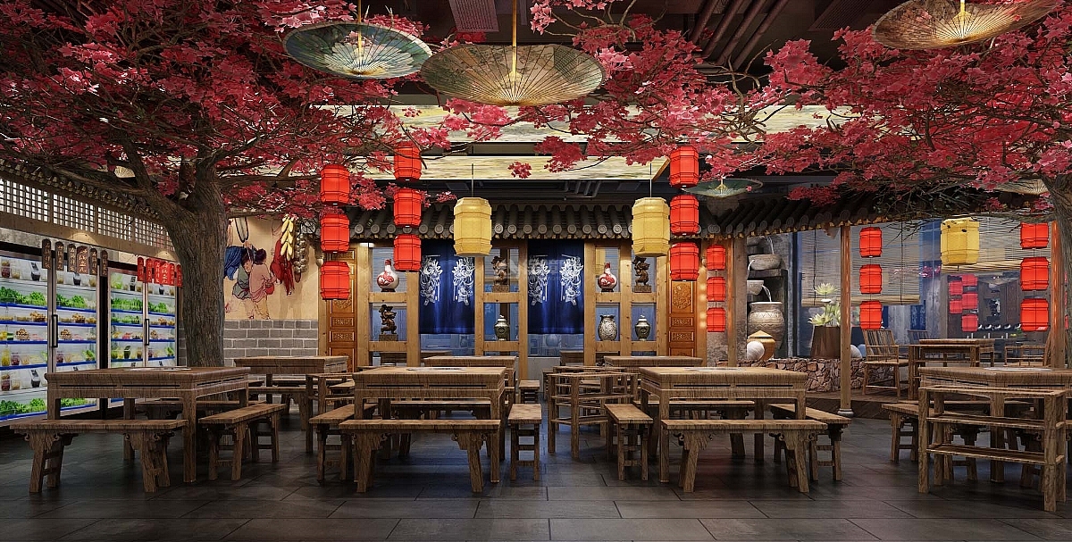 百味记中式主题火锅店之大厅座位布置效果图