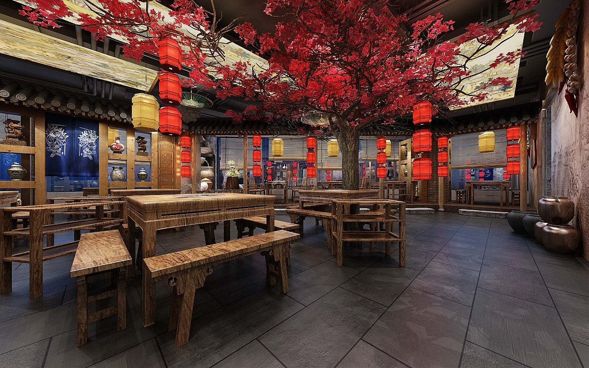 百味记中式主题火锅店之装饰树摆放效果图