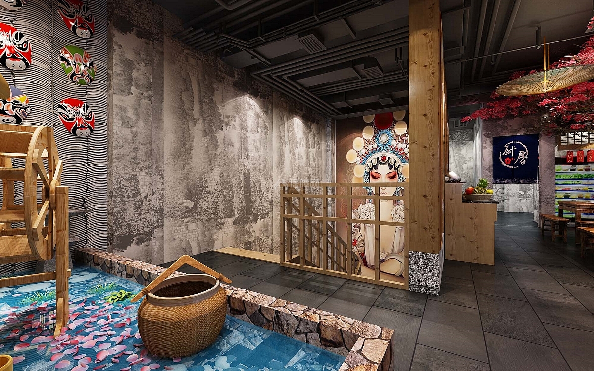 百味记中式主题火锅店之楼梯口墙面装饰效果图