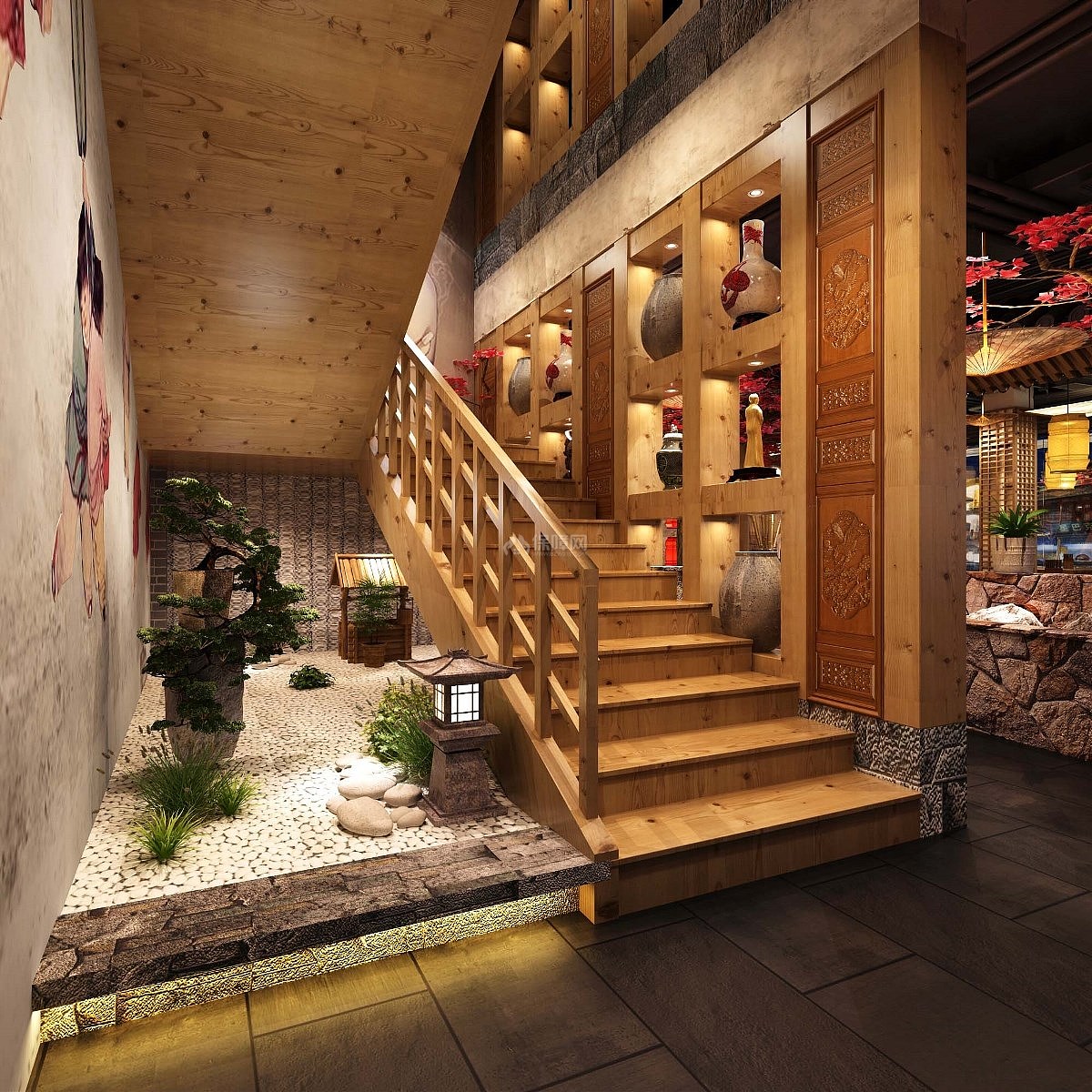 百味记中式主题火锅店之楼梯旁柜子设计效果图