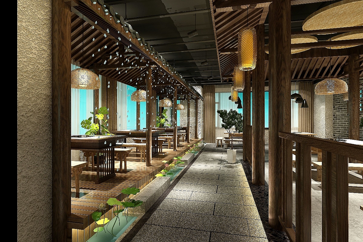 鲜龙井中式火锅店之大厅走廊设计效果图