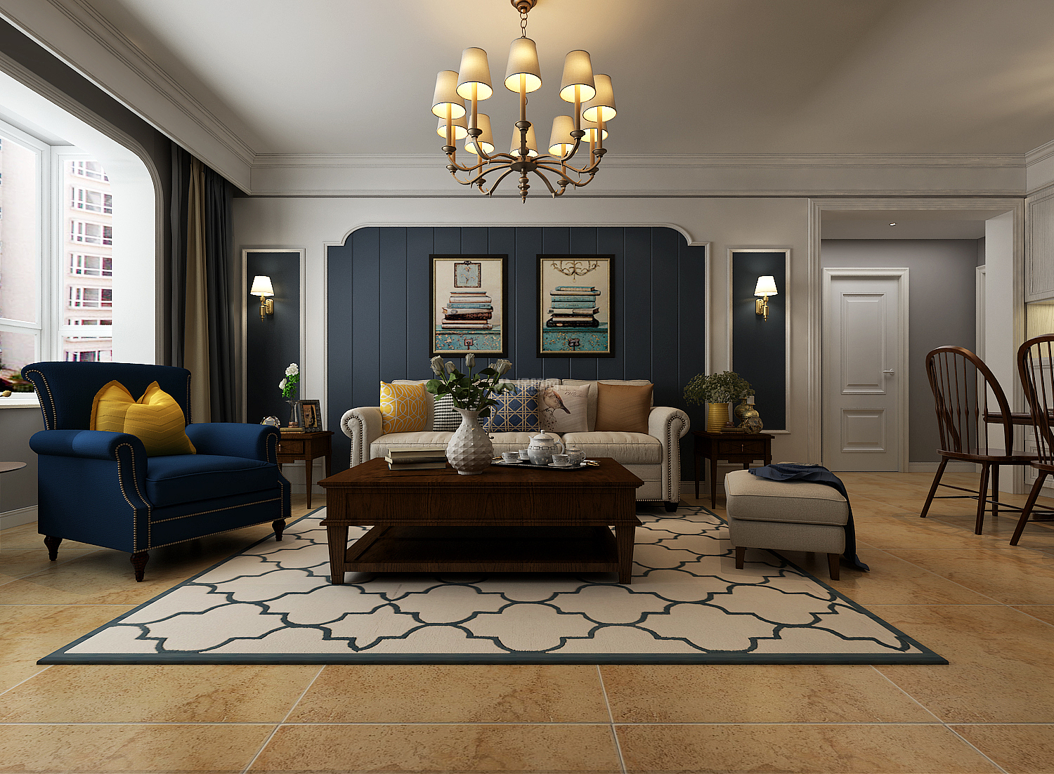138平美式风格三居之客厅沙发摆放效果图