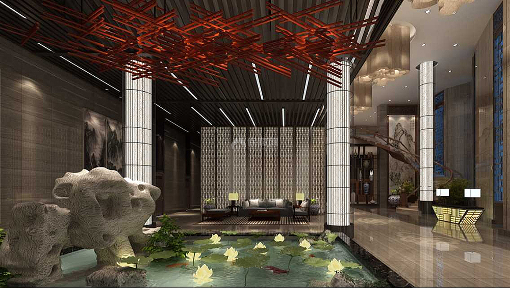 江陵半岛大酒店之大厅荷花池装饰效果图