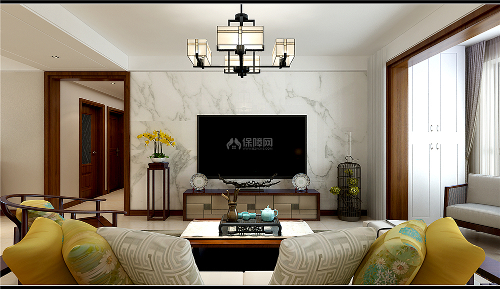 135㎡新中式三居之客廳電視墻設計效果圖