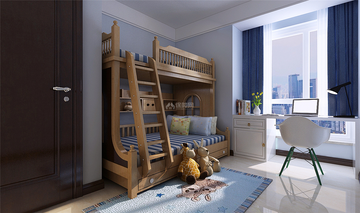 160平舒适中式三居之儿童房上下床摆放效果图