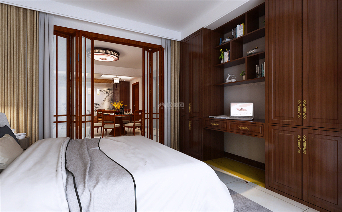 160平舒适中式三居之次卧柜子设计效果图
