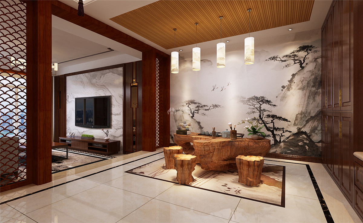 160平舒适中式三居之休闲区墙面装饰效果图