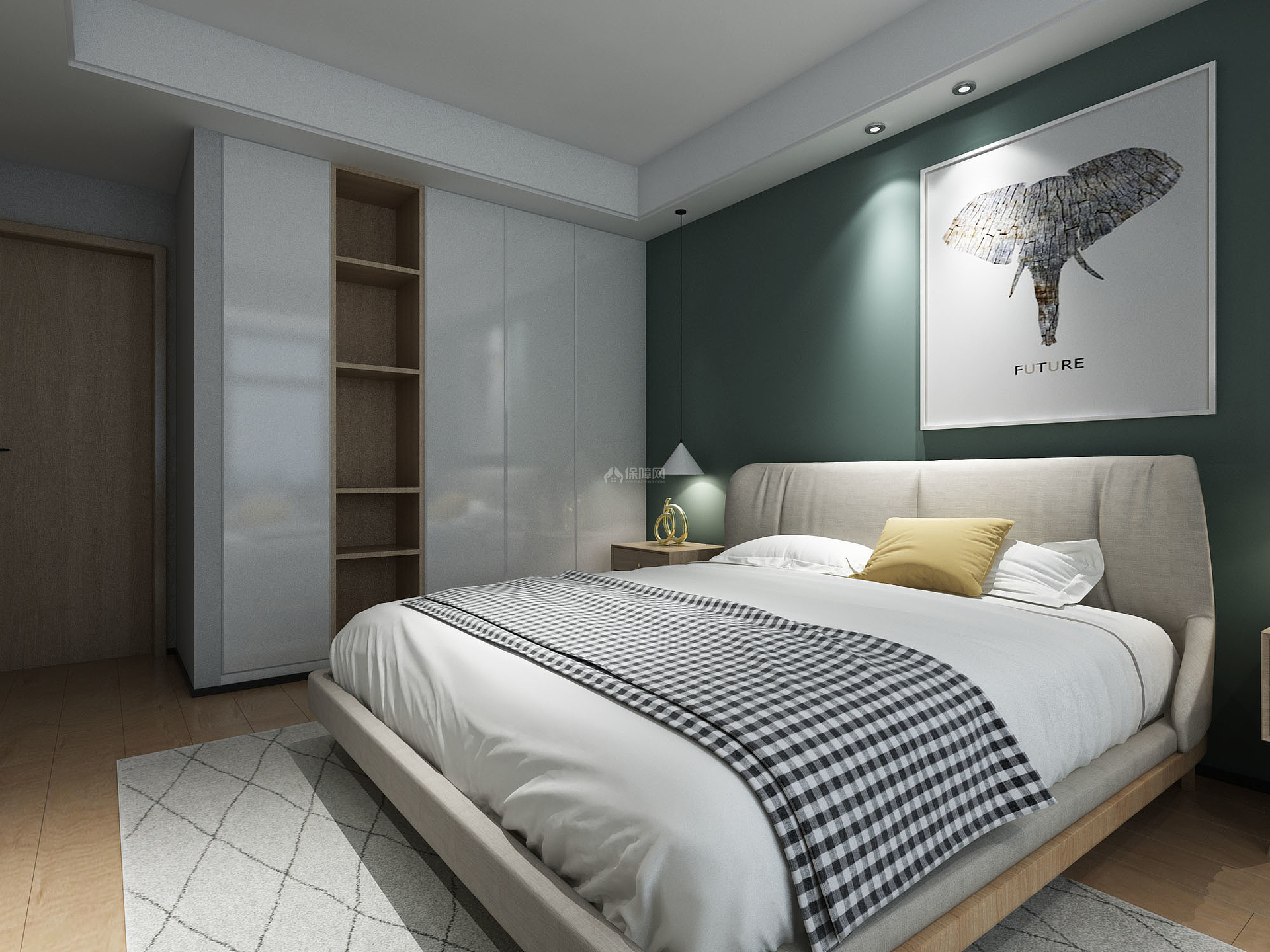67㎡北欧现代一居之卧室床头墙装饰效果图