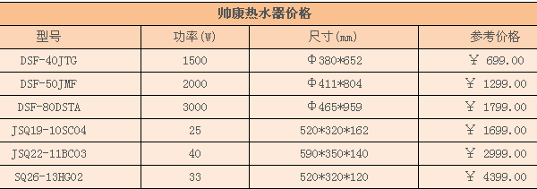 帅康热水器价格