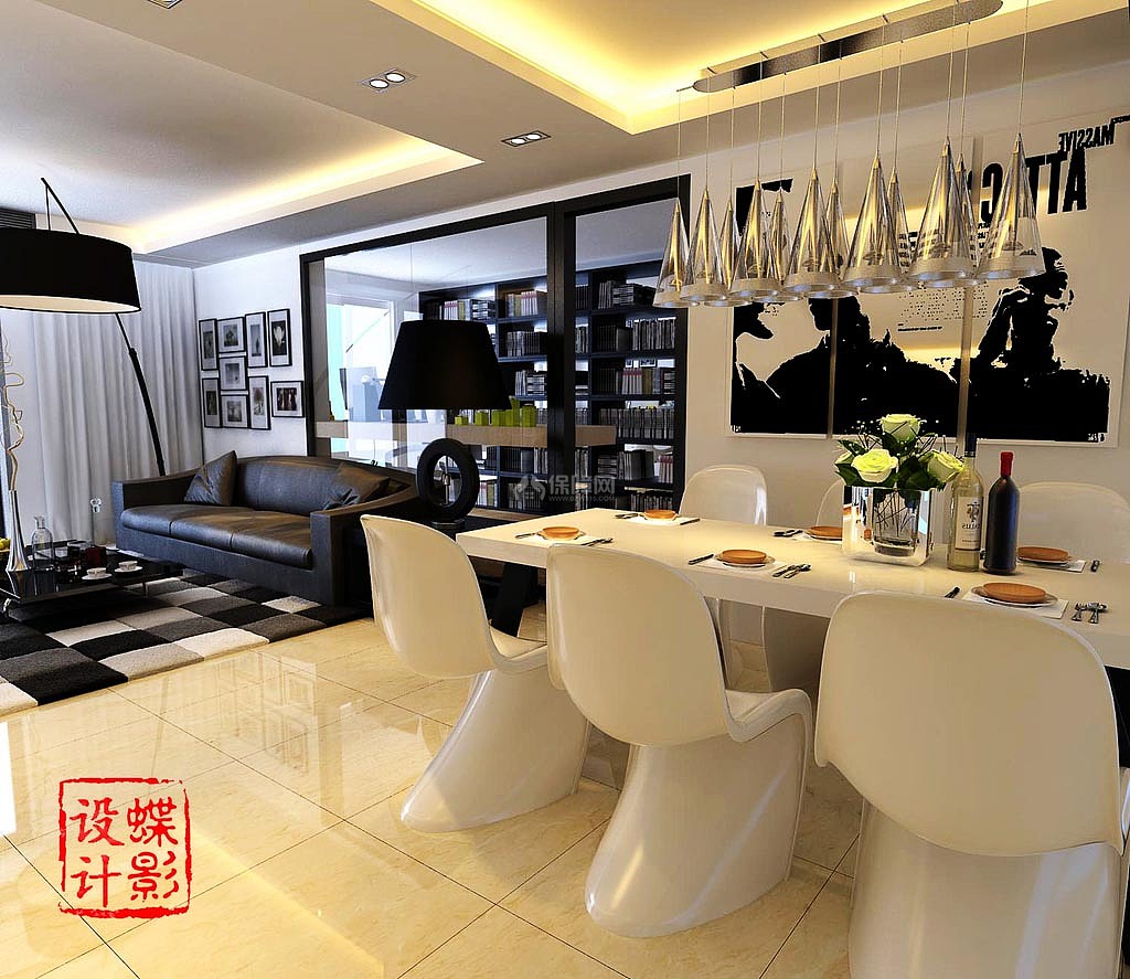 在这个直线条的空间中，采用曲线线条的椅子打破空间的
