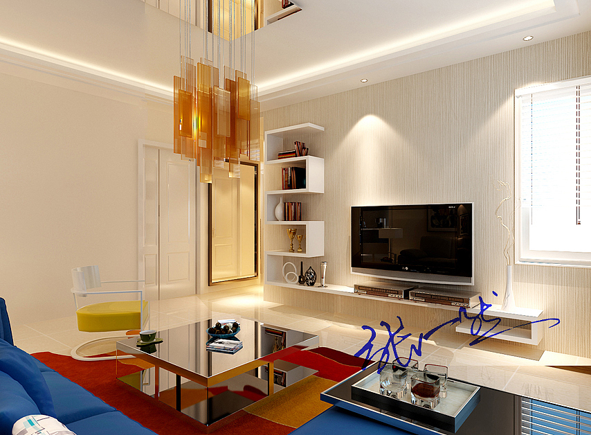 时尚简洁的敞开式厨房，鲜艳的色彩搭配，以简洁的造型