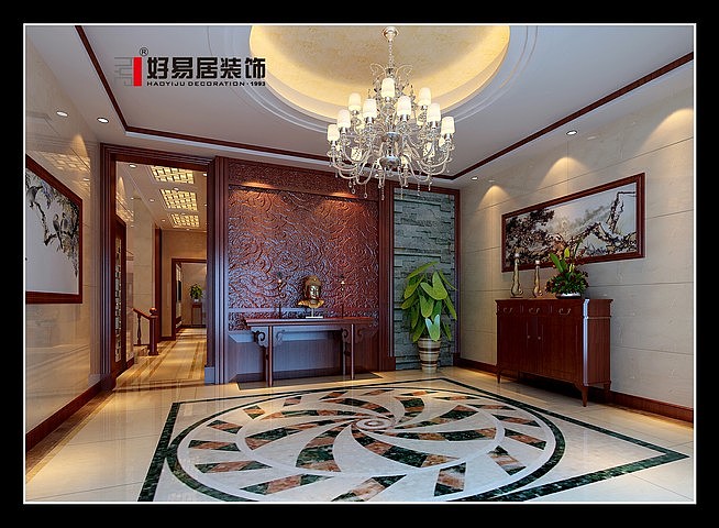 本案例为中式，中式风格是以宫廷建筑为代表的中国古典