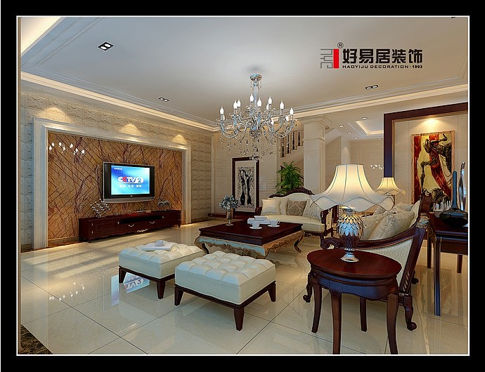 本案例为中式，中式风格是以宫廷建筑为代表的中国古典