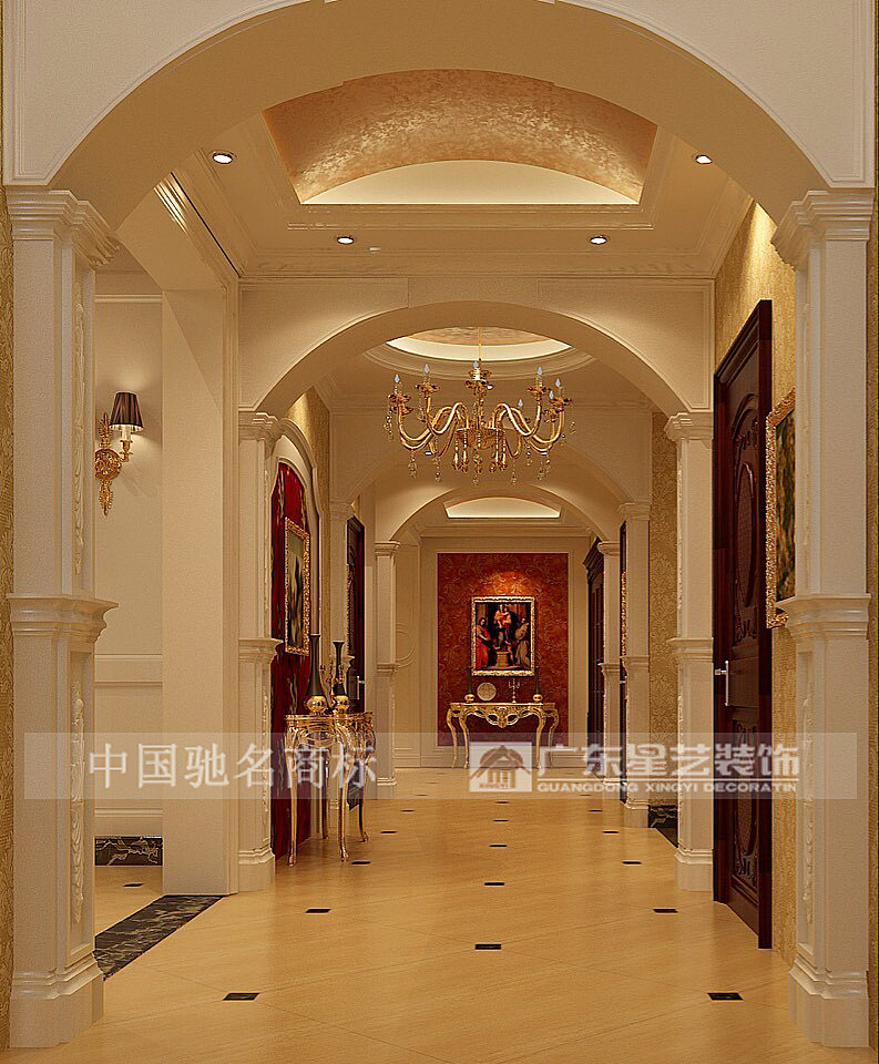 主要用材金泊，PU造型线描金，地面微晶石砖拼花，进