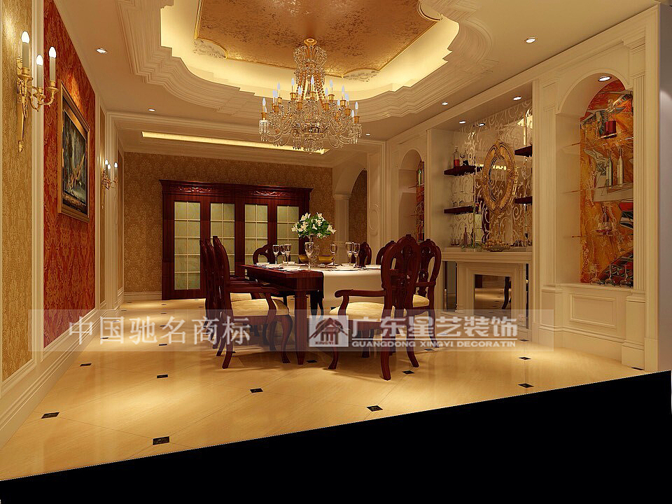 主要用材金泊，PU造型线描金，地面微晶石砖拼花，进