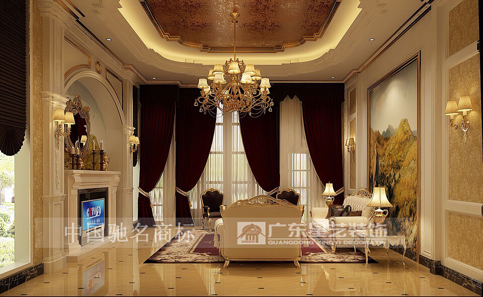 主要用材金泊，PU造型线描金，地面微晶石砖拼花，进