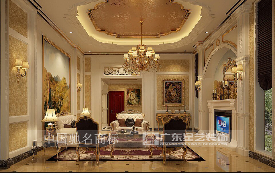 主要用材金泊，PU造型线描金，地面微晶石砖拼花，进