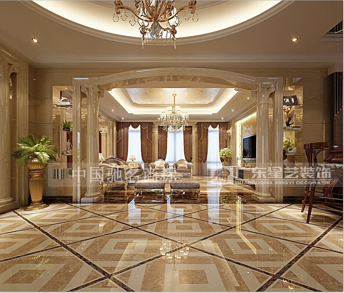 主要用材石材地面拼花，石材墙面，铁艺扶手，护墙板，