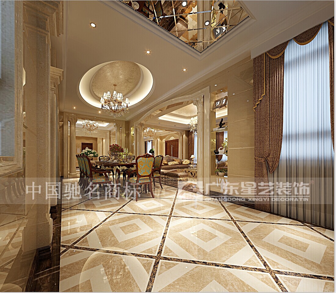 主要用材石材地面拼花，石材墙面，铁艺扶手，护墙板，