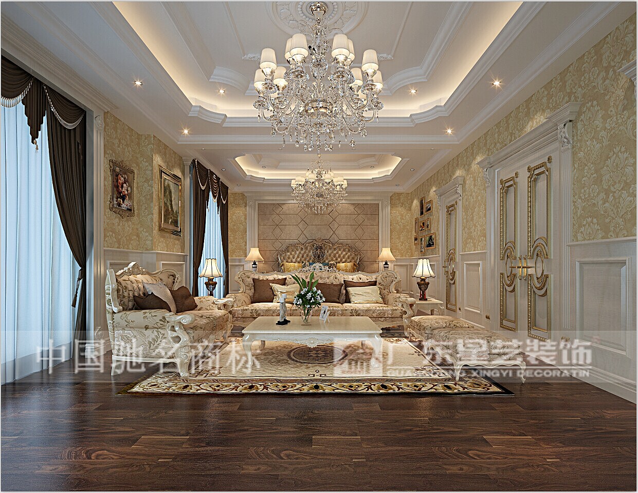 主要用材石材地面拼花，石材墙面，铁艺扶手，护墙板，