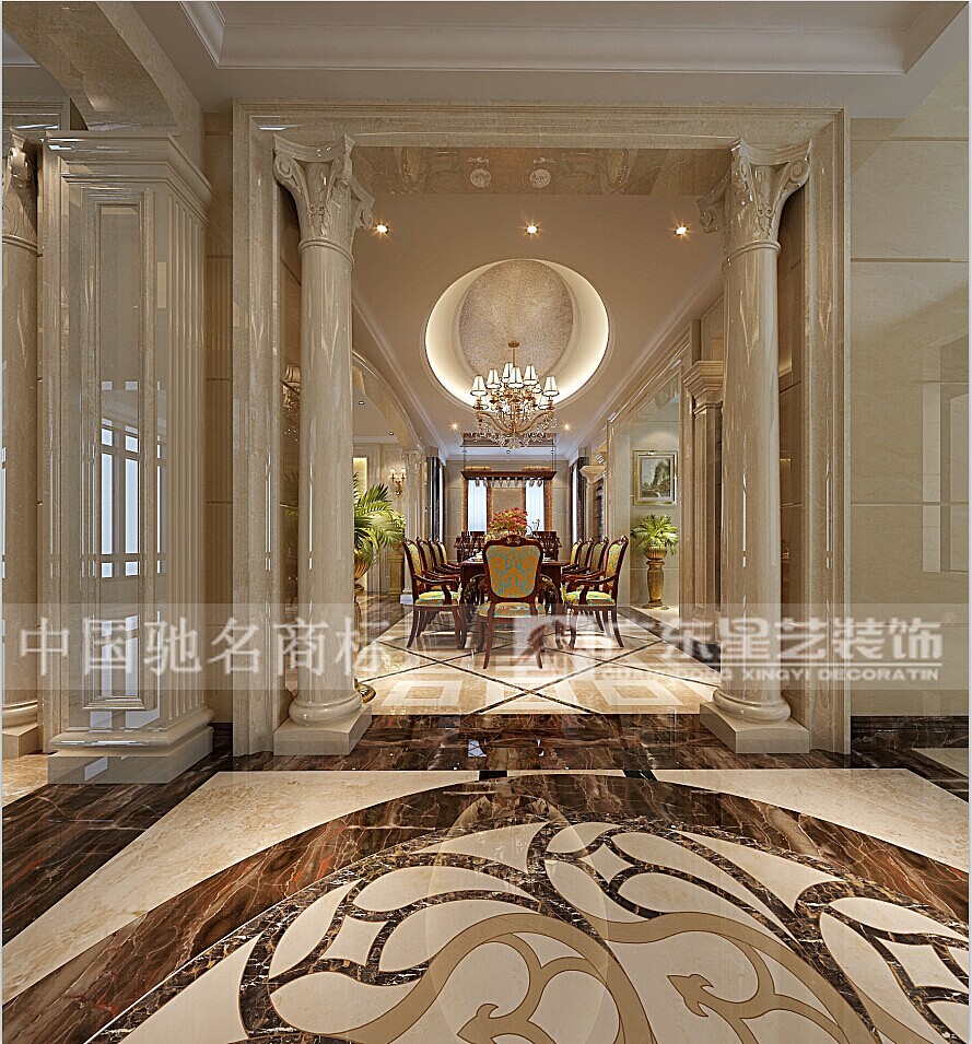 主要用材石材地面拼花，石材墙面，铁艺扶手，护墙板，