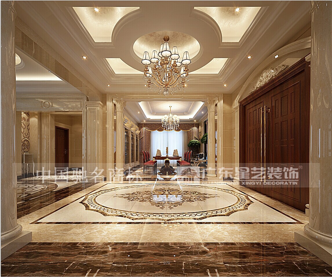 主要用材石材地面拼花，石材墙面，铁艺扶手，护墙板，