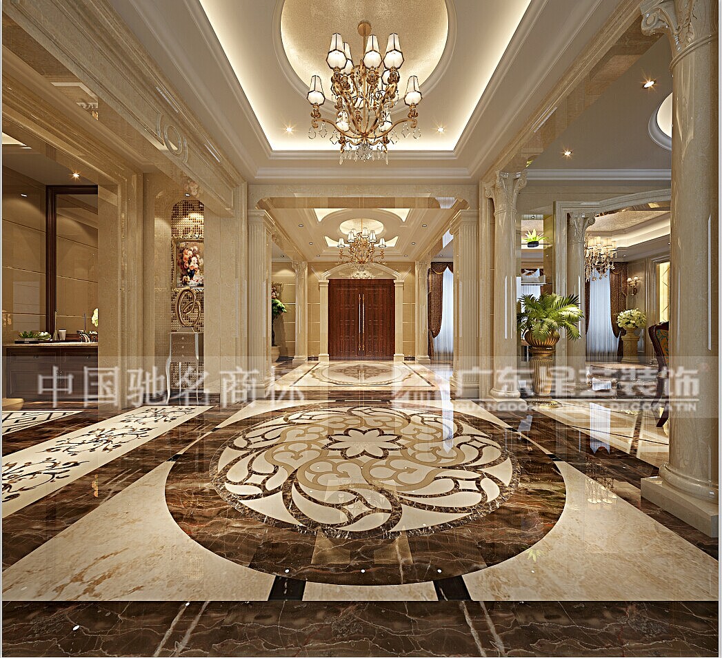 主要用材石材地面拼花，石材墙面，铁艺扶手，护墙板，