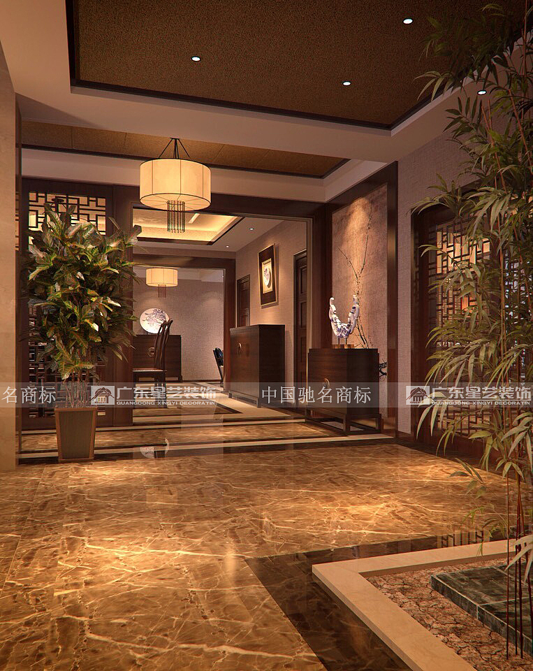 主要用材石材地面拼花，玻璃扶手，木通格花，硬包，墙