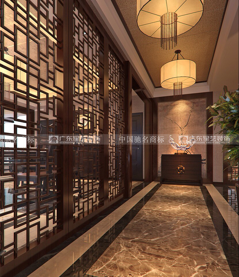 主要用材石材地面拼花，玻璃扶手，木通格花，硬包，墙