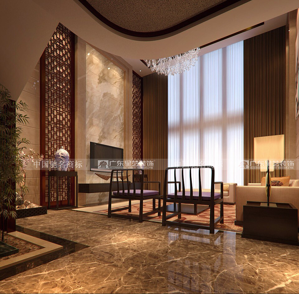 主要用材石材地面拼花，玻璃扶手，木通格花，硬包，墙