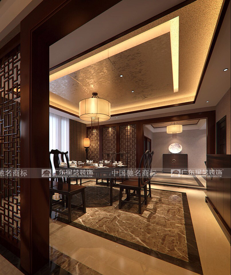 主要用材石材地面拼花，玻璃扶手，木通格花，硬包，墙