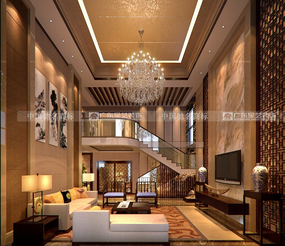 主要用材石材地面拼花，玻璃扶手，木通格花，硬包，墙