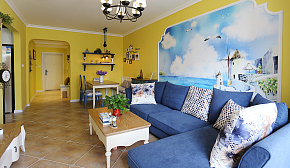 86平米清新地中海风格客厅沙发背景墙设计