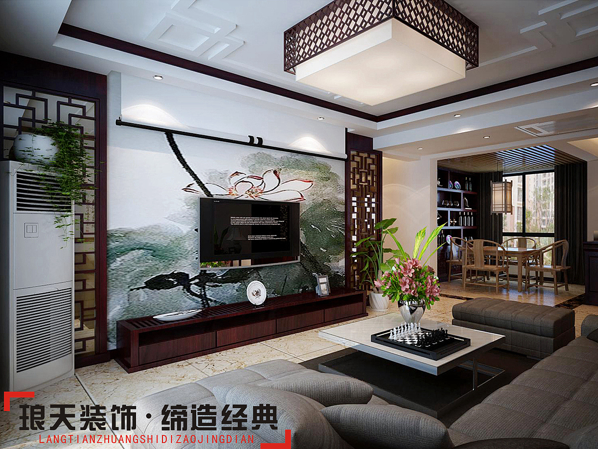 本案设计定位简中式风格。客厅设计较为简洁，且格调高