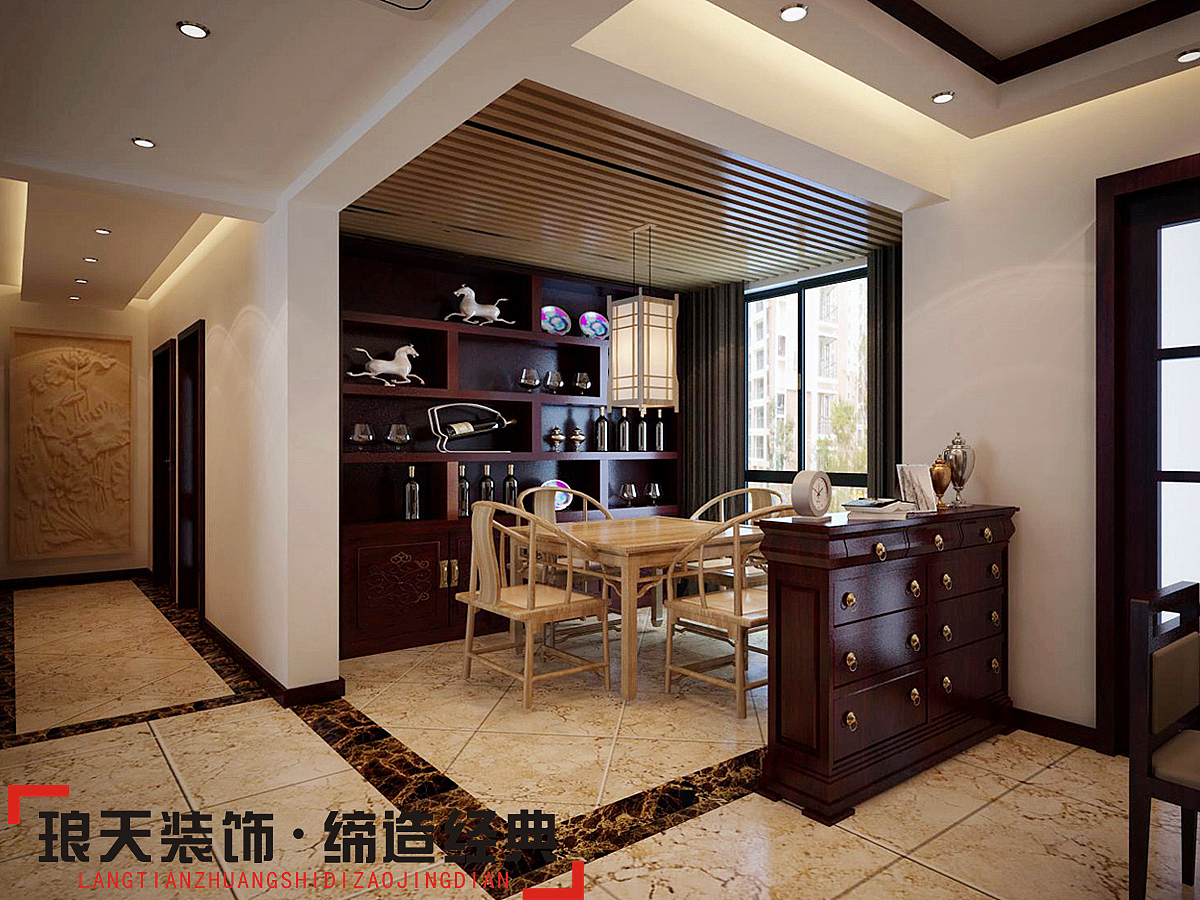 本案设计定位简中式风格。客厅设计较为简洁，且格调高