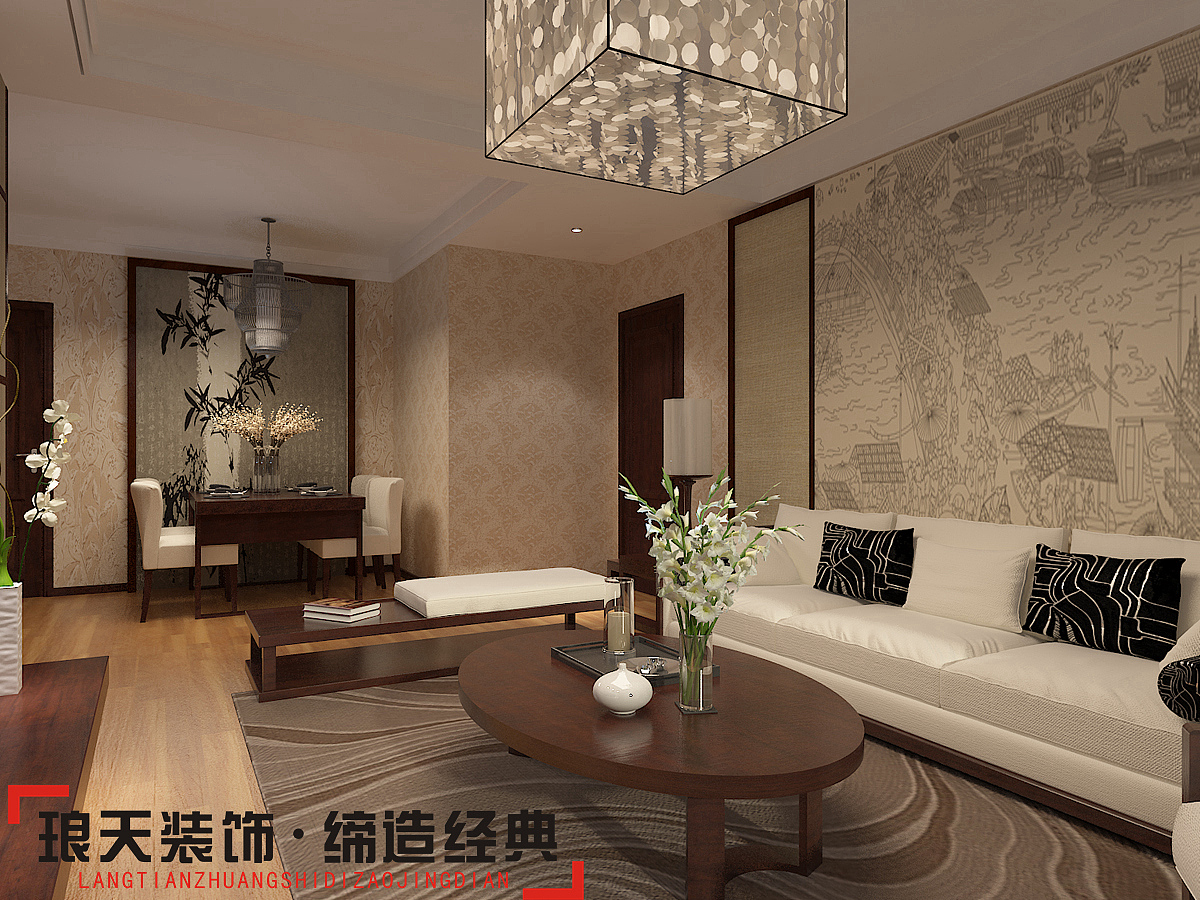 本案的设计效果以新中式为主。将客厅阳台打掉，增加室