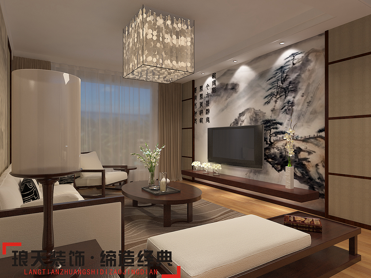 本案的设计效果以新中式为主。将客厅阳台打掉，增加室