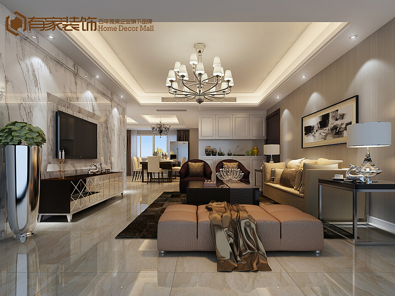 本案列为现代简约风格为主，带点现在中式元素，电视背