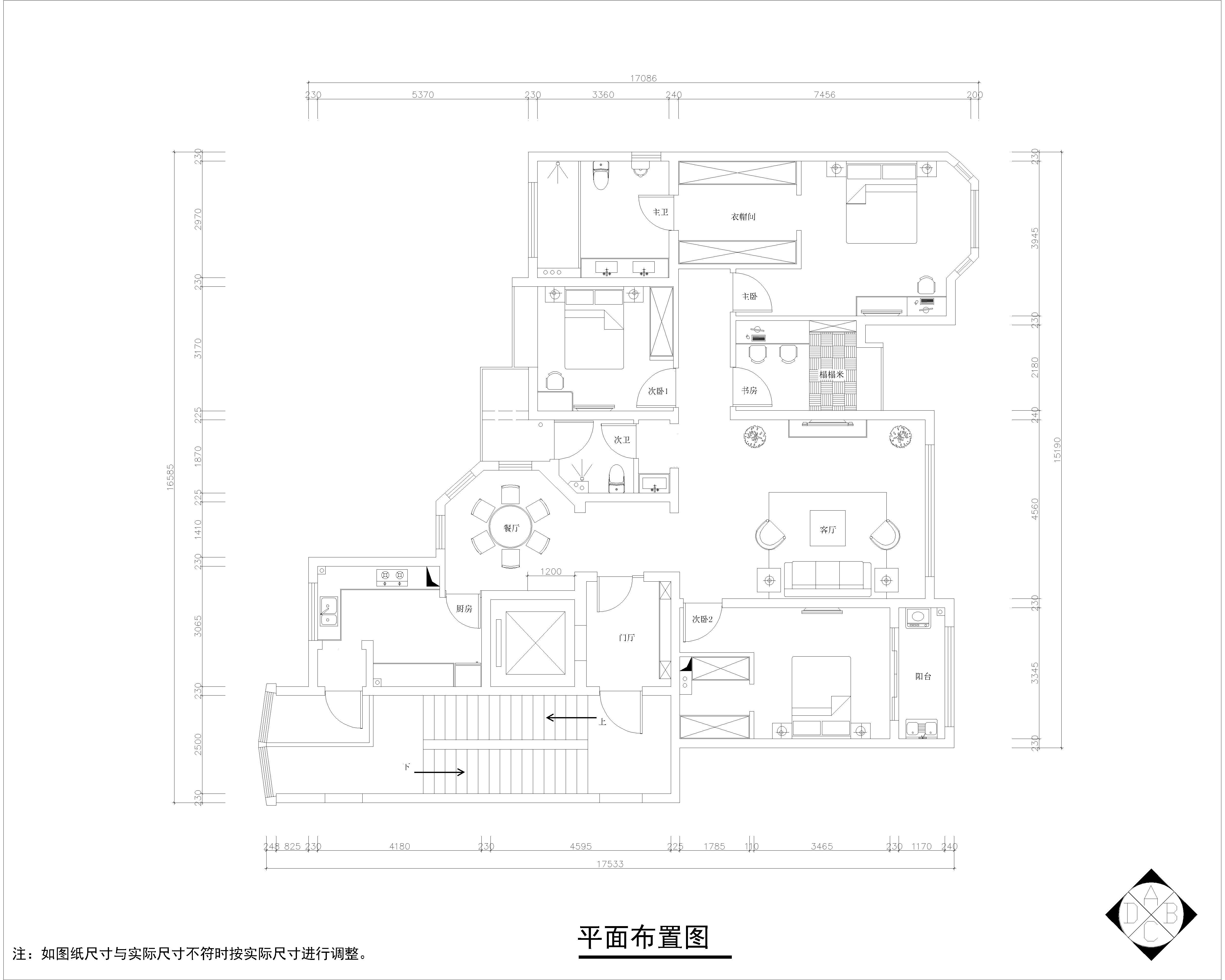 本案为现代风格，材质上运用了爵士白砖、墙纸及硬包，