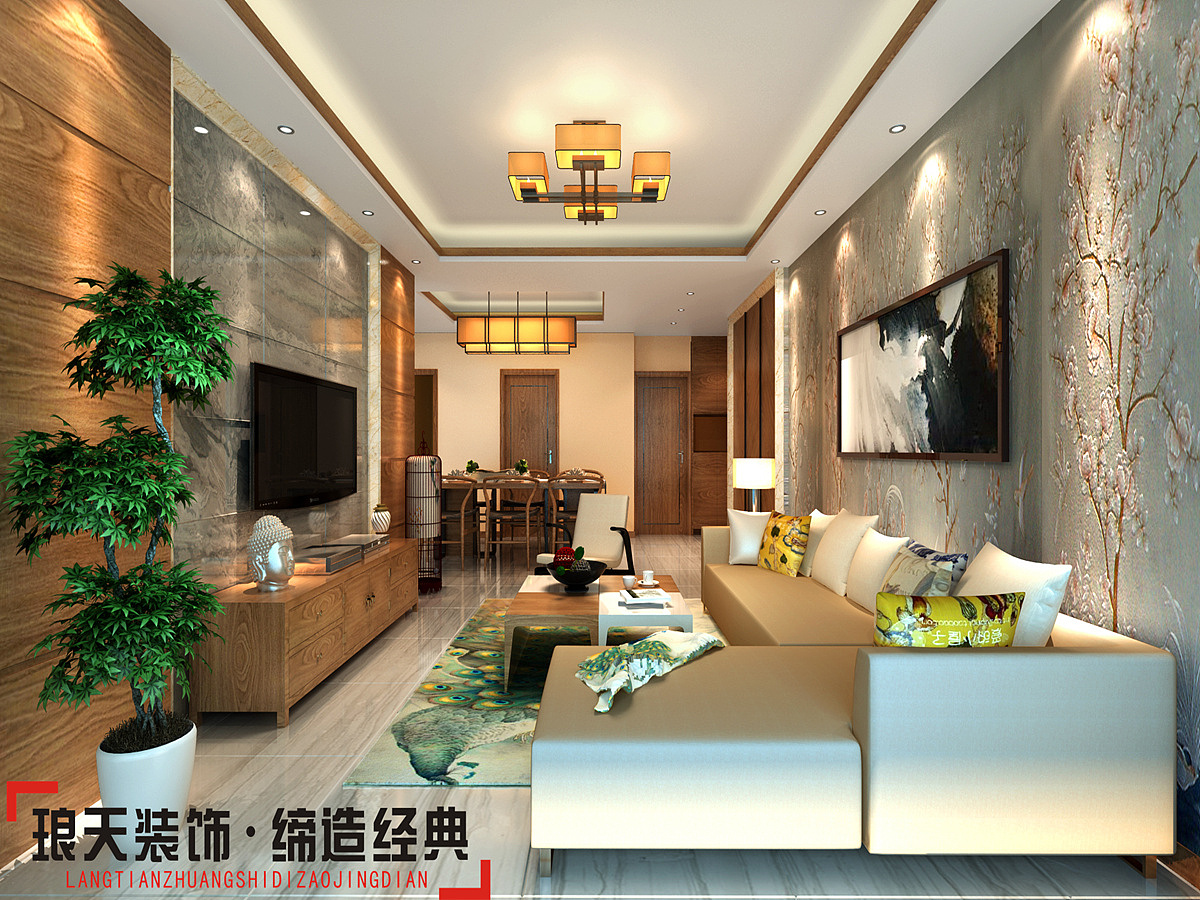 本案的设计效果是现代中式。墙面底色使用暖色乳胶漆，