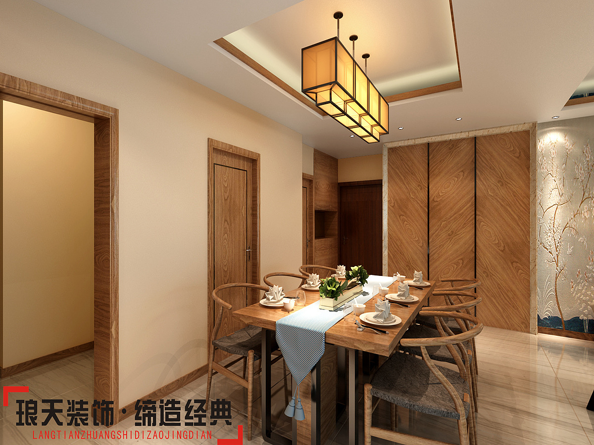 本案的设计效果是现代中式。墙面底色使用暖色乳胶漆，