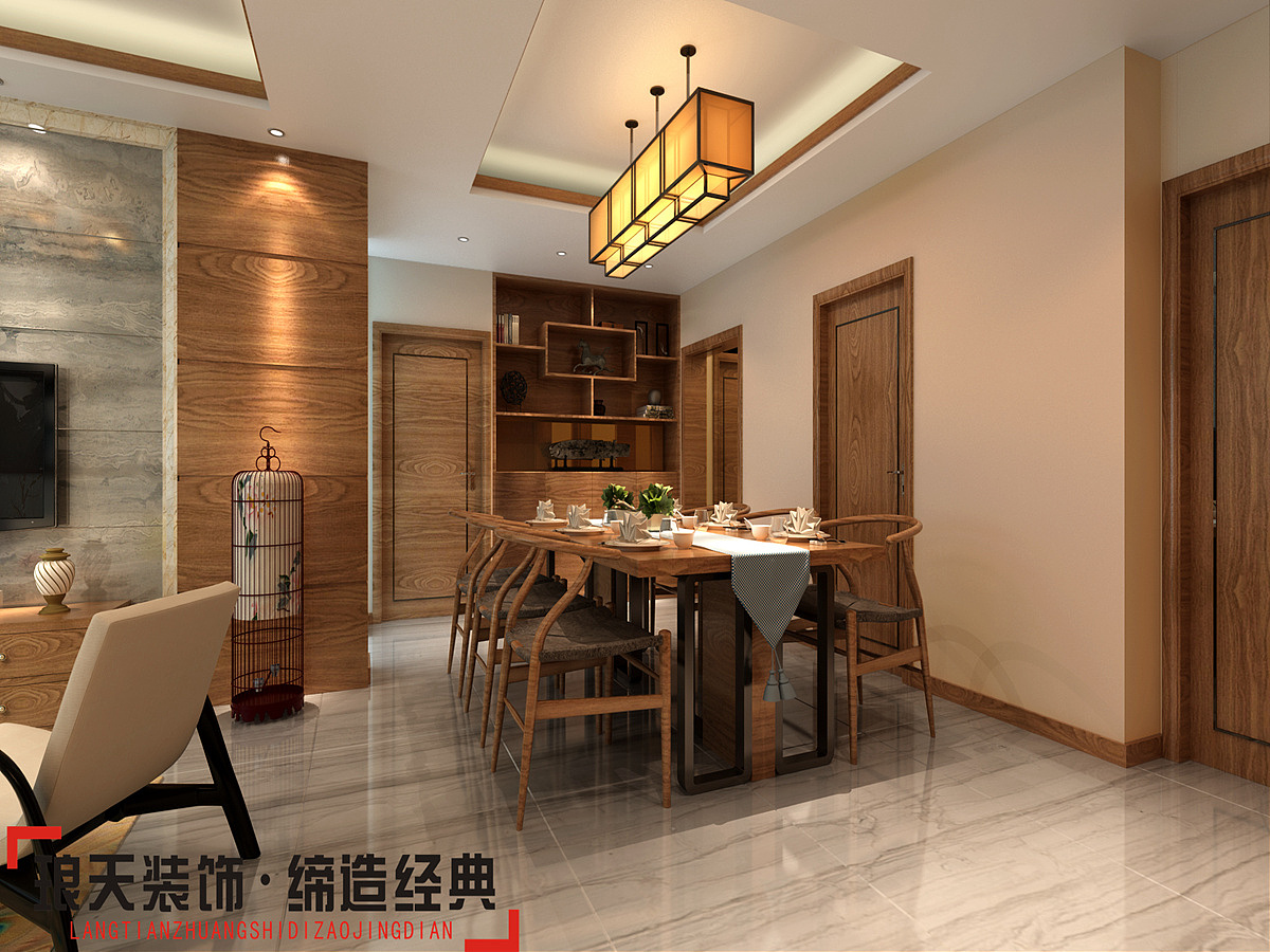 本案的设计效果是现代中式。墙面底色使用暖色乳胶漆，